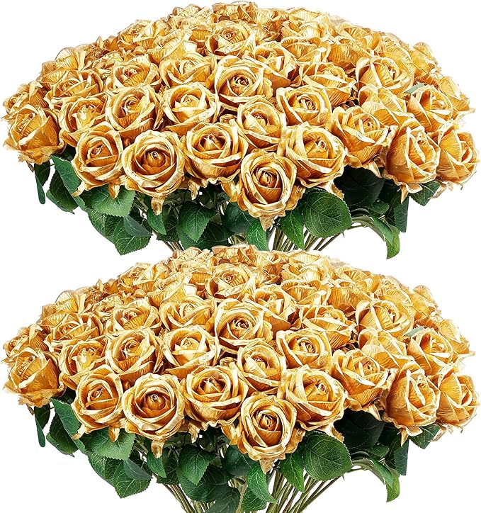Auihiay 60PCS Gold Rose Artificial Flowers, Faux Silk Roses, Realistic Roses Bouquet for Anniversary, Baby Shower, Birthday, Graduation, Table Centerpieces, New Year's, Valentine's Day Decorations