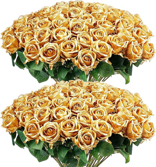 Auihiay 60PCS Gold Rose Artificial Flowers, Faux Silk Roses, Realistic Roses Bouquet for Anniversary, Baby Shower, Birthday, Graduation, Table Centerpieces, New Year's, Valentine's Day Decorations