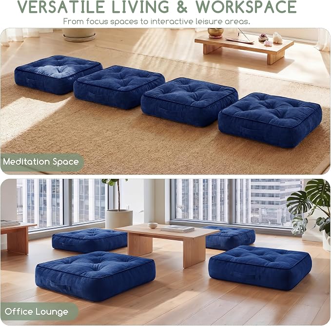 HIGOGOGO Large Floor Pillow Cushion for Adults, Meditation Cushion Pillow with Handle, Lustrous Chenille Tufted, Square Floor Sitting for Tatami Living Room or Yoga, 22x22 Inch, 2Pack, Navy