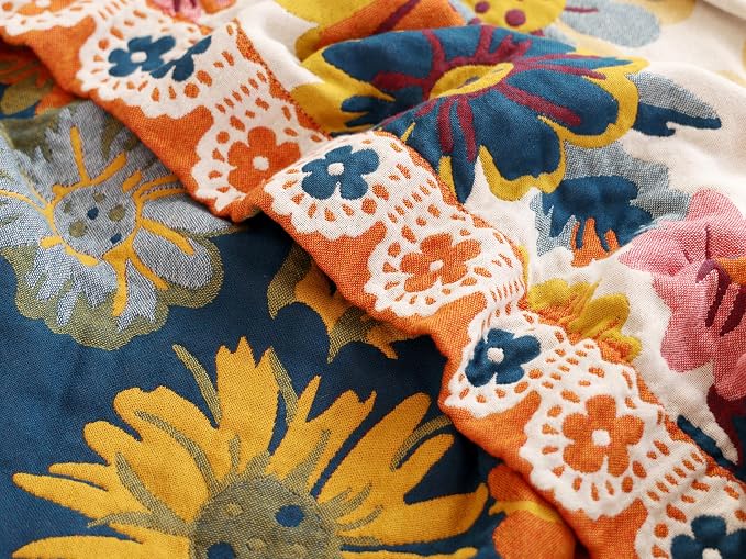 MEJU Boho Reversible Rustic Farmhouse Colourful Flower Bloom Daisy Blanket Twin for Bed Sofa Couch, 100% Combed Cotton 4 Layer Soft Warm Floral Throw Blanket Bed Coverlet Sheet F/Q 80 in x 90 in