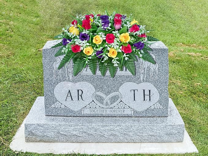 LVXINLI Artificial Cemetery Flowers Saddle-Shaped Tombstone Decorations Non-Fading UV-Resistant（Yellow+Purple+Brilliant Red Saddle）