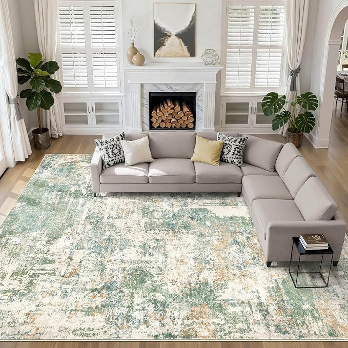 10x14 Area Rugs Living Room: Washable Large Abstract Soft Green Rug Stain Resistant Indoor Floor Non-Slip Accent Carpet for Men Modern Home Enthusiasts Aged 25-45 - Bedroom Office Playroom