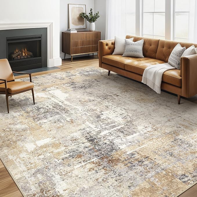 LOONGRUG 5x8 Area Rug Living Room: Machine Washable Large Abstract Soft Thin Rugs Stain Resistant Indoor Floor Non-Slip Accent Carpet for Bedroom Nursery Playroom Office Dining Room Dorm- Gray Gold