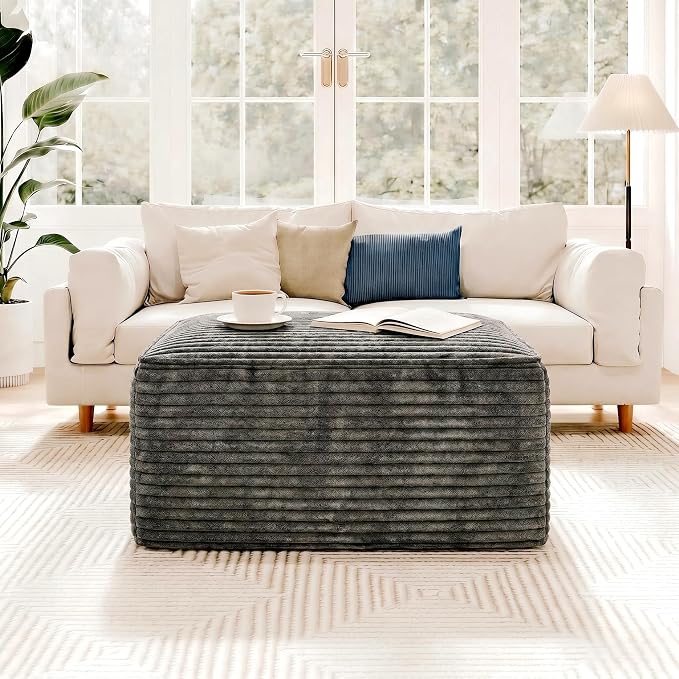 37.4" Charcoal Plush Corduroy Ottoman, Upholstered Cloud Ottoman for Boneless Couch in a Box, Modular Sectional Couches for Living Room Bedroom, Compressed Memory Foam, No Assembly Require, Dark Grey