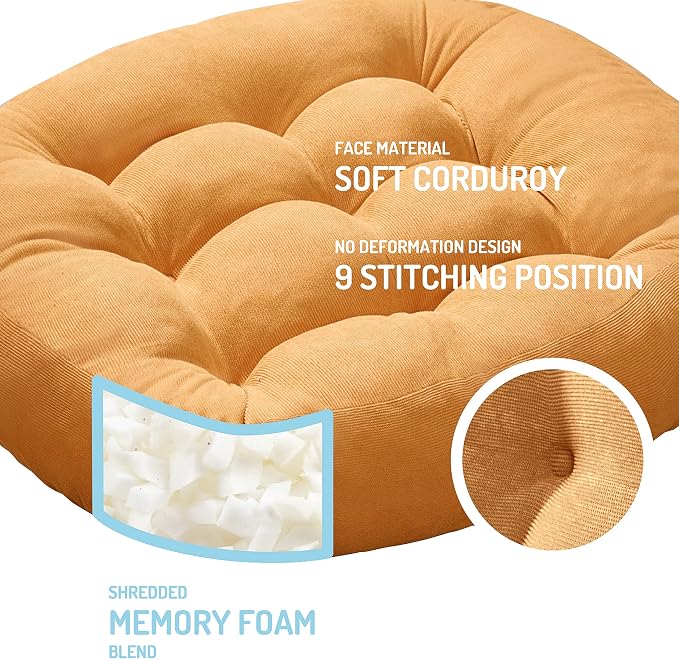 Degrees of Comfort Floor Cushion 6 Pack for Meditation, Office & Lounge – Corduroy Soft Seating Set, 22 Inch, High-Density Foam, Round Shape, Yellow