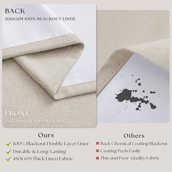 Pinch Pleated Blackout 90 Inch Bedroom Curtains 70 Inch Wide Linen Dual Layer Soundproof Farmhouse Window Curtains for Living Room Cream Natural Hooks Rings Back Tab 100% Black Out Drapes 1 Panel