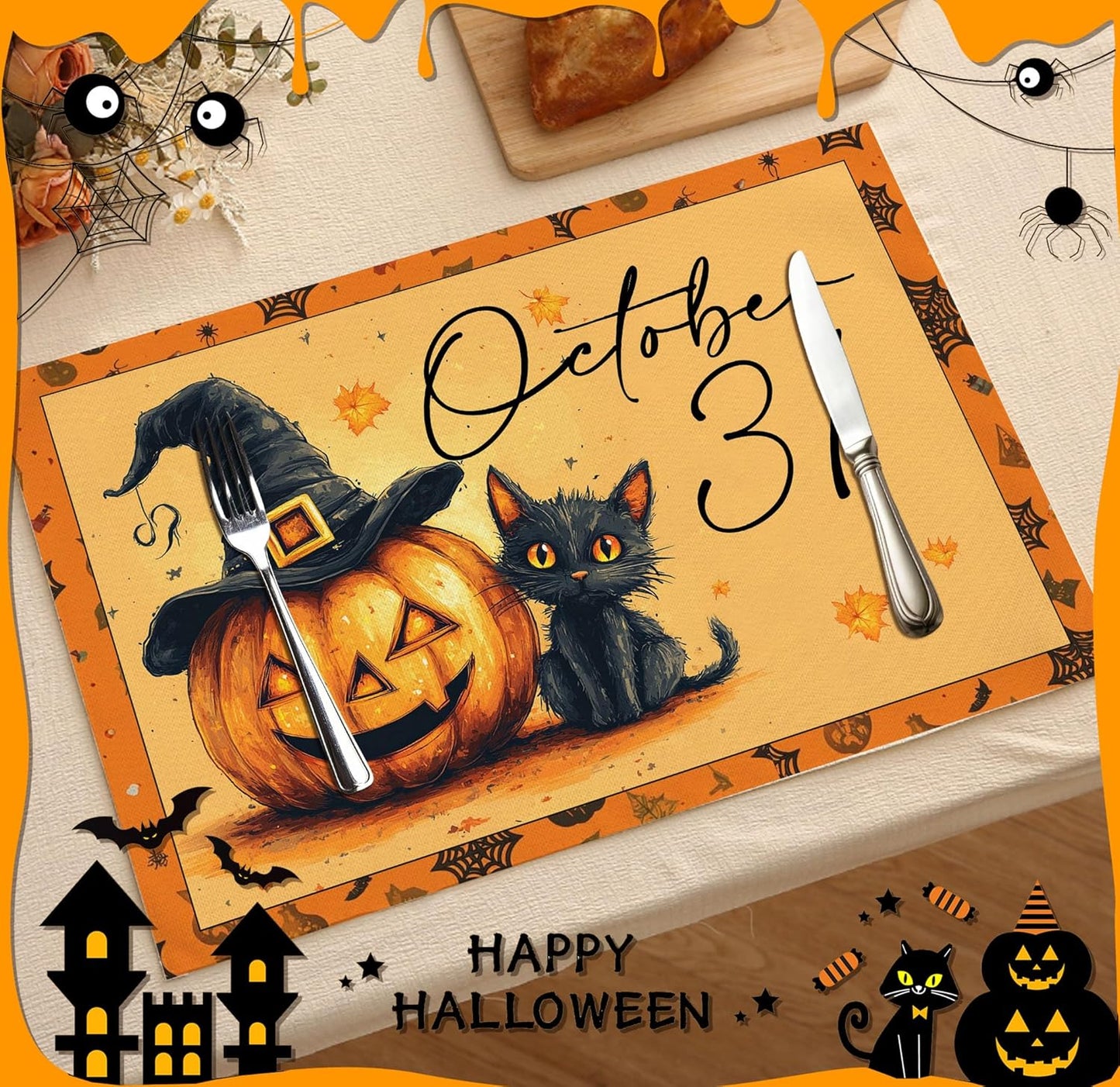 Halloween Pumpkin Placemats Set of 4, 12x18 Inch Pumpkin and Black Cat Table Mat, Washable Heat Resistant Place Mats for Kitchen Dining Table, Spooky Themed Decoration for Home-B09