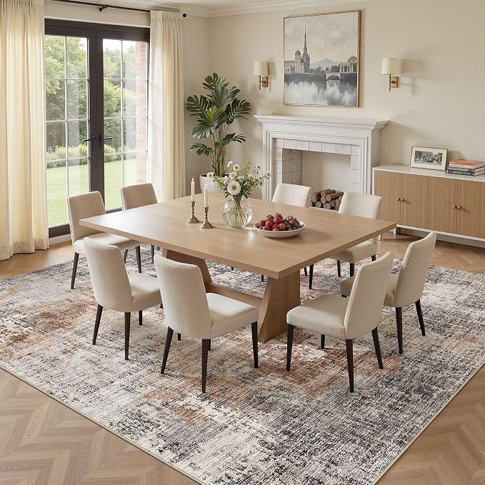 DMOYEST Square Area Rug Living Room Rugs - 10x10 Washable Large Soft Indoor Neutral Modern Abstract Low Pile Rug Carpet for Bedroom Dining Room Farmhouse Home Office - Grey Brown