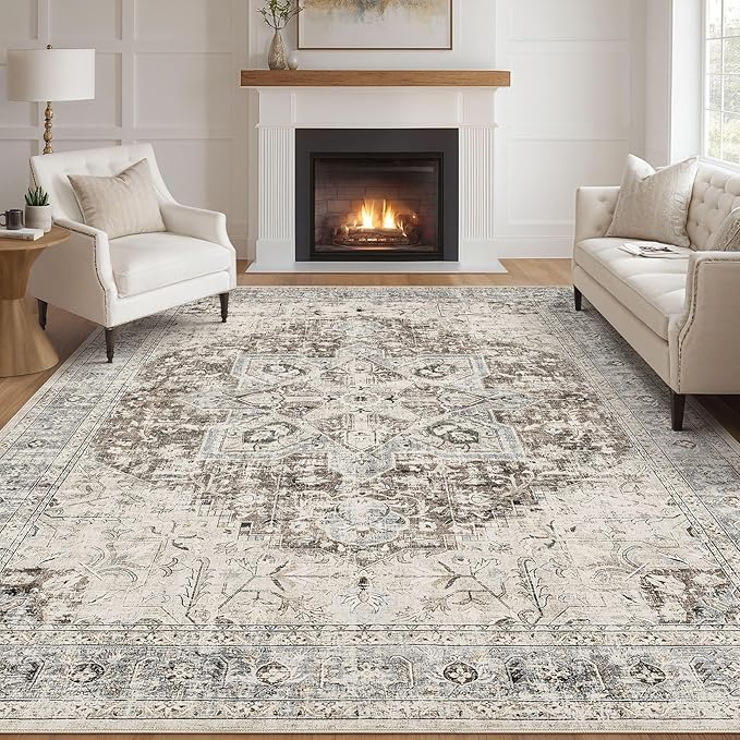 Tortania Area Rug Living Room Rugs - 7x10 Washable Boho Rug Vintage Oriental Distressed Farmhouse Large Thin Indoor Carpet for Living Room Bedroom Under Dining Table Home Office - Brown Blue