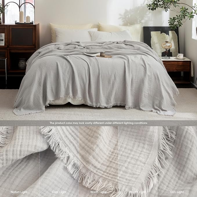 FOSSA Muslin Blanket 4-Layer 100% Cotton Gauze Blanket with Fringe 66"x90" | Super Soft Breathable Lightweight All Season & Decorative Blanket or Bed, Sofa, Office (Grayish,Twin XL)