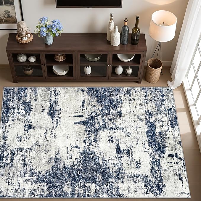Area Rug Living Room Rugs: 5x7 Washable Rug with Anti-Slip Backing Non-Shedding Stain-Resistant Foldable Modern Abstract Carpet for Bedroom Dining Room Nursery Home Office - Gray/Blue