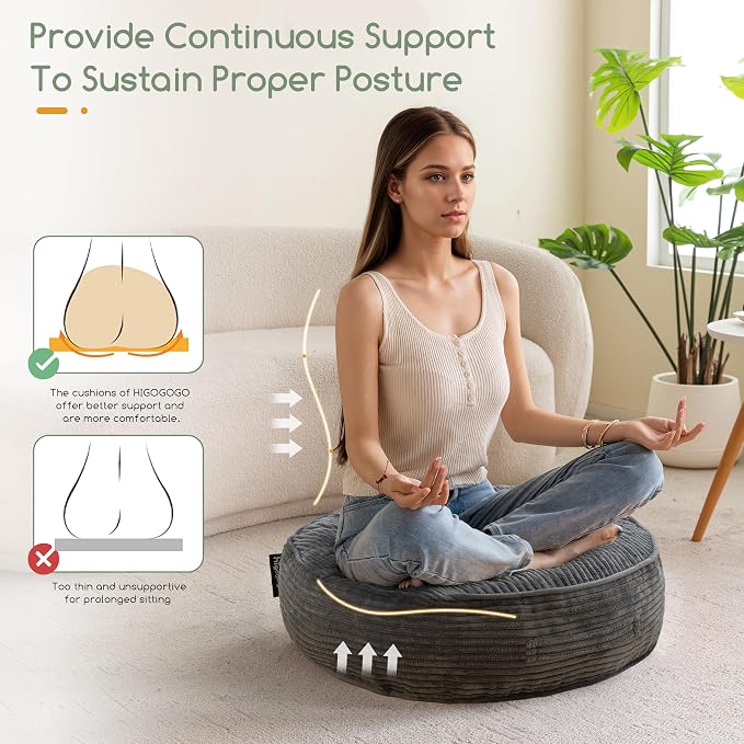HIGOGOGO 6" Extra Thick Floor Pillow Cushion for Adults, Meditation Cushion Pillow, Large Round Floor Sitting, Tufted Corduroy Cover, for Tatami Living Room or Yoga, 22x22 Inch, 2Pack, Dark Grey