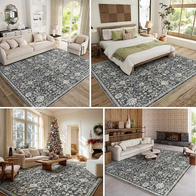 Washable Rugs for Living Room: 8x10 Area Rugs for Bedroom Ultra Soft Non-Slip Stain Resistant Vintage Boho Large Carpet for High-Traffic Dining Room - Farmhouse Decor