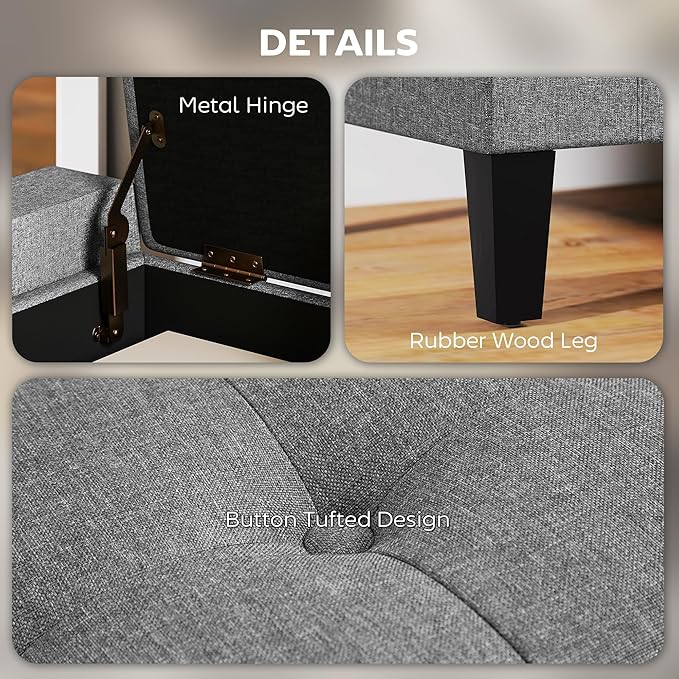 HOMCOM Storage Ottoman, Linen Upholstered Storage Bench with Lift Top and Button Tufted for Living Room, Gray