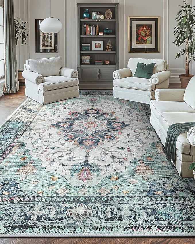 RELEANY Area Rugs 10'x14' Washable Non-Slip, Floral Vintage Distress Print Pattern Medallion Carpet for Living Room Bedroom Dining Room, Green Navy Blue White Red Teal Colorful