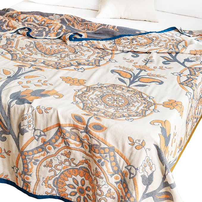 MEJU Round Flower Branch Boho Mandala Muslin All Season Throw Blanket for Bed Sofa Couch, 100% Cotton 4 Layer Soft Warm Farmhouse Retro Throw Blanket Bed Coverlet Full Queen 80 in x 90 in