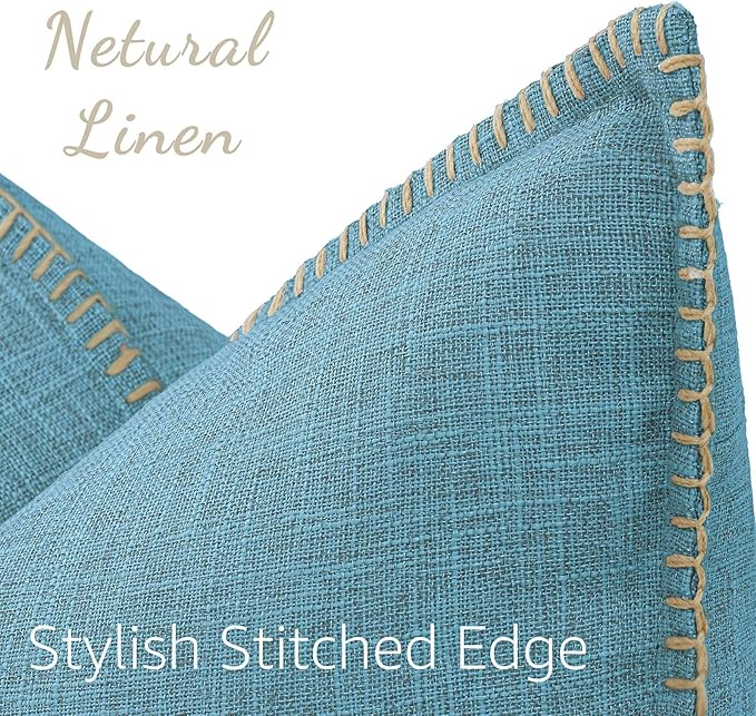 decorUhome Summer Decorative Throw Pillow Covers 16x16 Set of 2 Square Faux Linen Farmhouse Pillow Covers with Stitched Edge Outdoor Pillow Covers for Couch Sofa Living Room, Teal