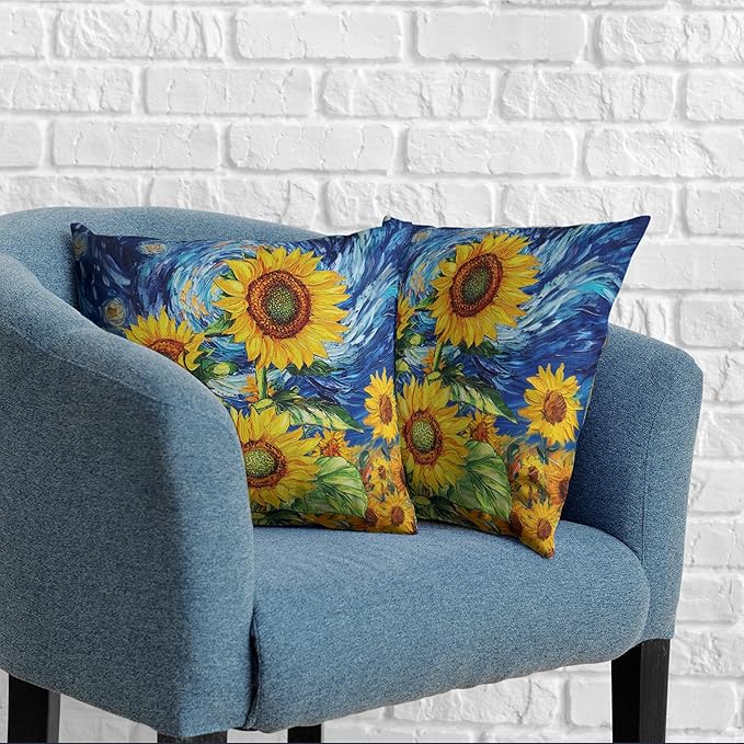 Sunflower Pillow Covers 20x20 Set of 2 Van Gogh Starry Night Throw Pillow Covers Oil Painting Sunflowers Pillow Case Spring Summer Cotton Linen Cushion Case for Sofa Garden Patio