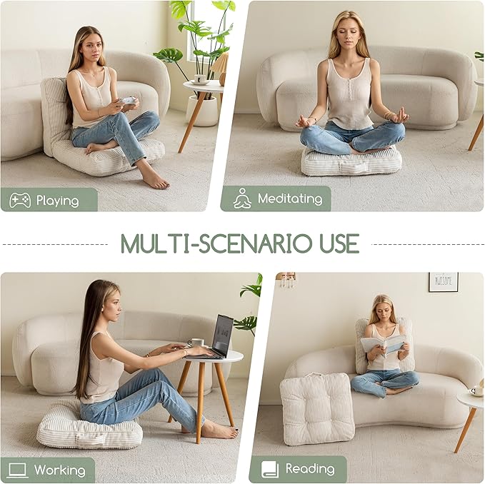 HIGOGOGO Floor Pillow Cushion for Adults, Meditation Cushion Pillow, Large Square Floor Sitting, Tufted Corduroy Cover, for Tatami Living Room or Yoga, 22x22 Inch, 2Pack, Beige
