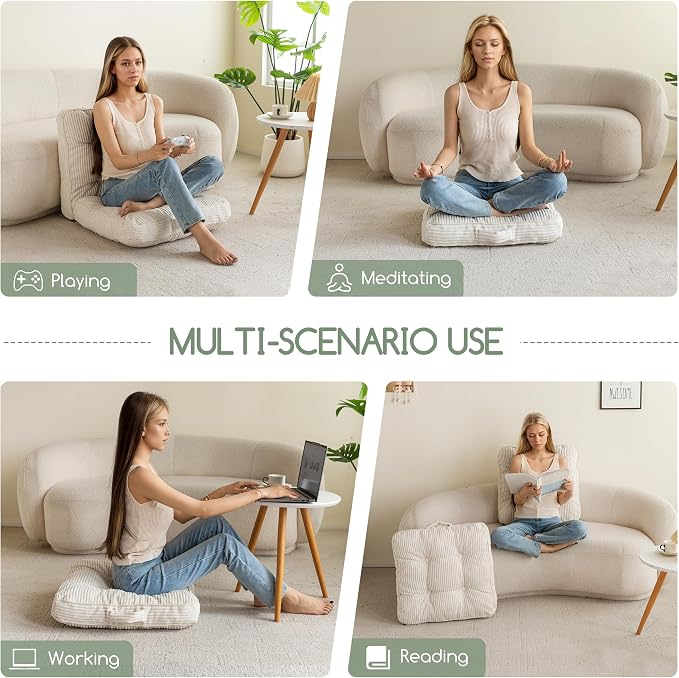 HIGOGOGO Floor Pillow Cushion for Adults, Meditation Cushion Pillow, Large Square Floor Sitting, Tufted Corduroy Cover, for Tatami Living Room or Yoga, 22x22 Inch, Beige