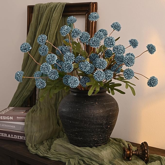Waipfaru 10pcs Fake Silk Pompon Mum Artificial Flowers, Bulk Faux Mini Chrysanthemums, for Centerpieces Wedding Fillers Champagne Arrangements Shower Decorations, Blue