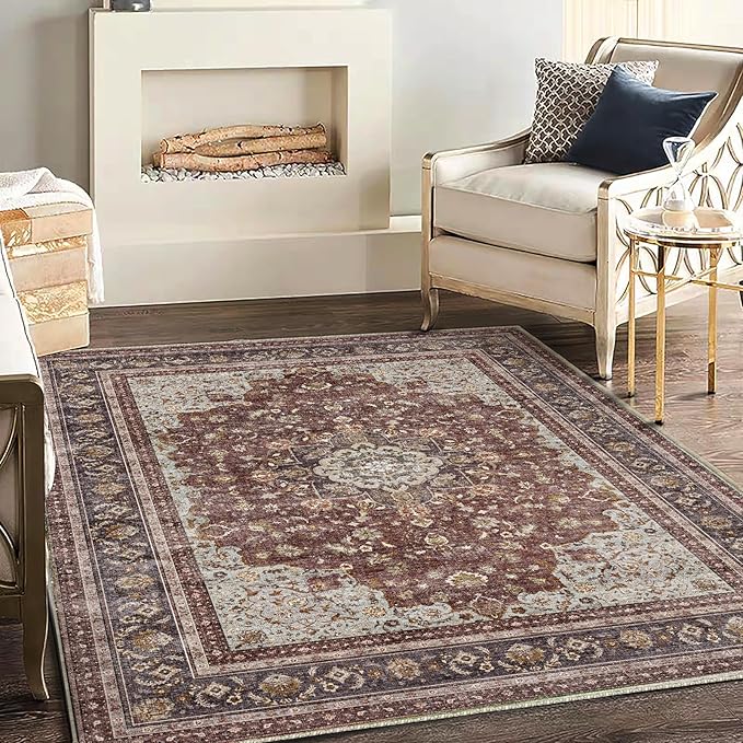 CHAMPLANT Washable Area Rug 4'x6' Traditional Floor Cover Foldable Thin Rugs Retro Kitchen Indoor Distressed Non Slip Carpet Floral Print Mat Bedroom Living Room