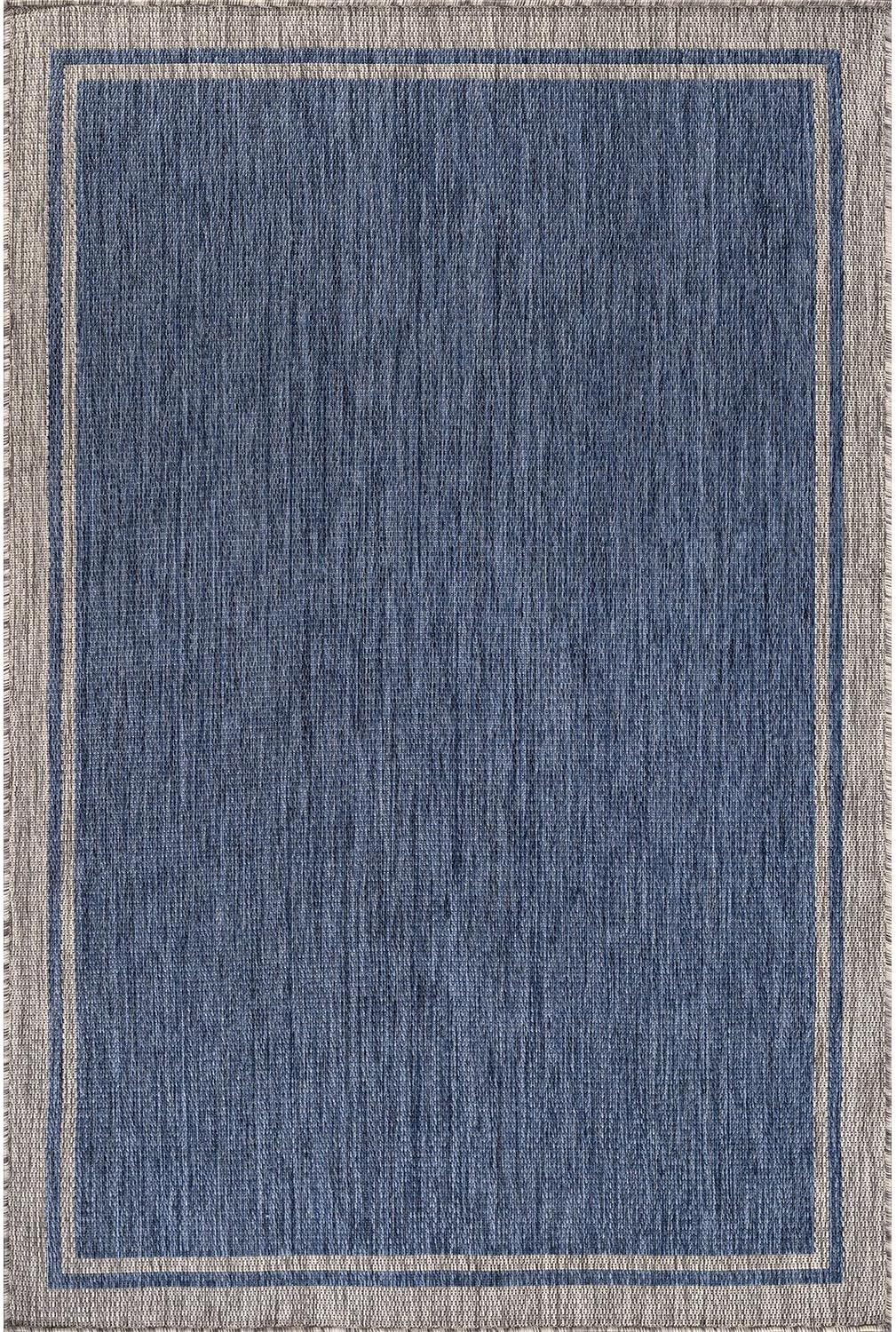 CAMILSON Indoor Outdoor Rug, 10x14 Bordered Navy Blue Gray Modern Large Area Rugs for Indoor and Outdoor Patios, Porches Waterproof Washable Porch Deck Outside Carpet (Bordered Navy, 10 x 14)