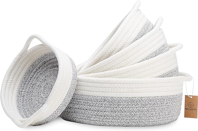 NaturalCozy 5-Piece Round Small Woven Baskets Set– Cotton Rope Baskets for Organizing! Montessori Toys, Fruits Remotes Key Tray Bowl for Entryway Desk, Shallow Catchall Home Décor, Cat Dog Bin Gift
