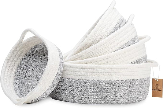 NaturalCozy 5-Piece Round Small Woven Baskets Set– Cotton Rope Baskets for Organizing! Montessori Toys, Fruits Remotes Key Tray Bowl for Entryway Desk, Shallow Catchall Home Décor, Cat Dog Bin Gift