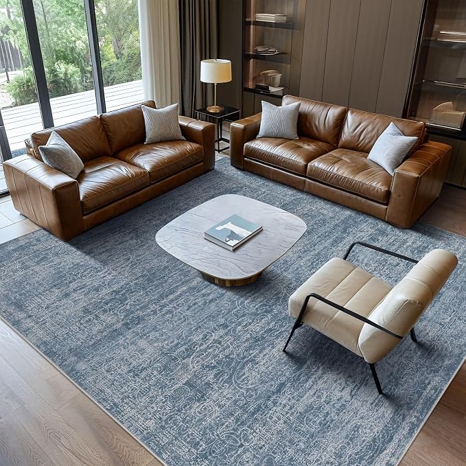 DMOYEST Area Rug Living Room Rugs - 10x12 Washable Large Soft Indoor Neutral Modern Abstract Low Pile Rug Carpet for Bedroom Dining Room Farmhouse Home Office - Dark Blue