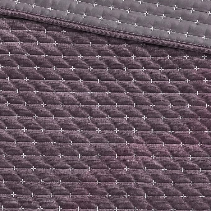 Levtex Home - Velvet Stitch Quilt Set - King Quilt and Two King Shams - Cross Stitch Velvet - Plum with White - Quilt (106x92in.) and Shams (20x36in.) - Reversible - Polyester