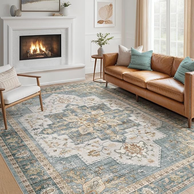 Tortania Area Rug Living Room Rugs - 8x10 Washable Boho Rug Vintage Oriental Distressed Farmhouse Large Thin Indoor Carpet for Living Room Bedroom Under Dining Table Home Office - Muted Teal