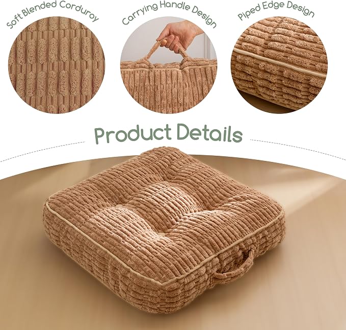 HIGOGOGO Floor Pillow Cushion for Adults, Meditation Cushion Pillow, Blended Corduroy Cover, Large Square Floor Sitting for Tatami Living Room or Yoga, 22x22 Inch, Coffee