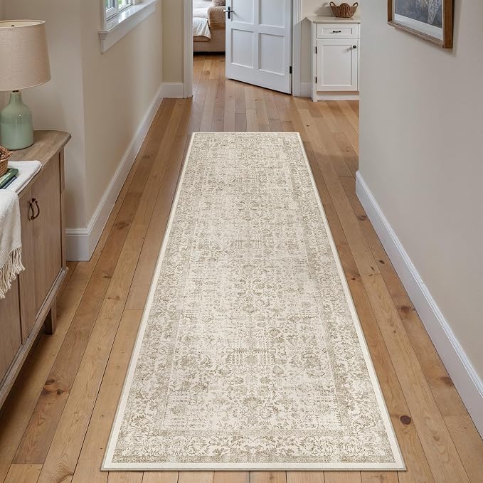 PureCozy Light Brown Runner Rug 2'6"x12' Washable Carpet for Hallway Kitchen Vintage Distressed Non Slip Indoor Retro Floral Bedroom Accent Throw Long Rug Bathroom Office Laundry Dining Living Room