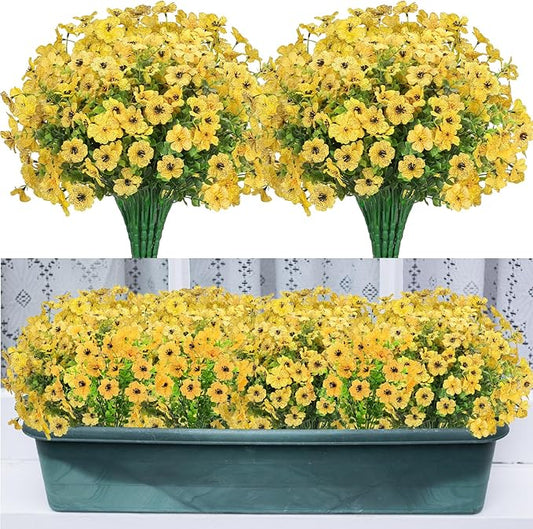 MERIXMAS 24 Bundles Artificial Flowers for Outdoors Decorations, Fake Flowers Artificial Plants Outdoor, Colorful Daisy Eucalyptus Realistic UV Resistant for Garden Patio Porch Home Decor, Yellow