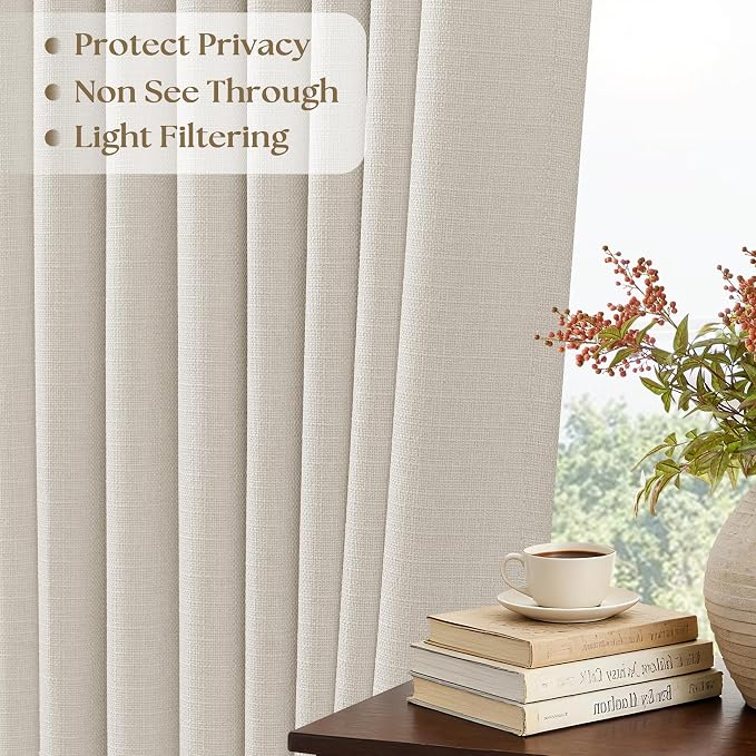 Pinch Pleated 90 Inch Linen Curtains for Living Room Bedroom 2 Panels Cream Natural Memory Trained Pinch Pleat Back Tab Light Filtering Semi Sheer Window Drapes Birch Curtains 40 x 90 Inches Long