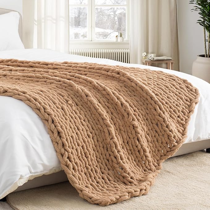 Chunky Knit Throw Blanket 50x60, 100% Handmade Chenille Yarn | 4.4lbs Soft Thick Cable Knitted Blankets, Large Rope Knot Crochet Throws for Couch Sofa Bed Machine Washable, Tan Brown
