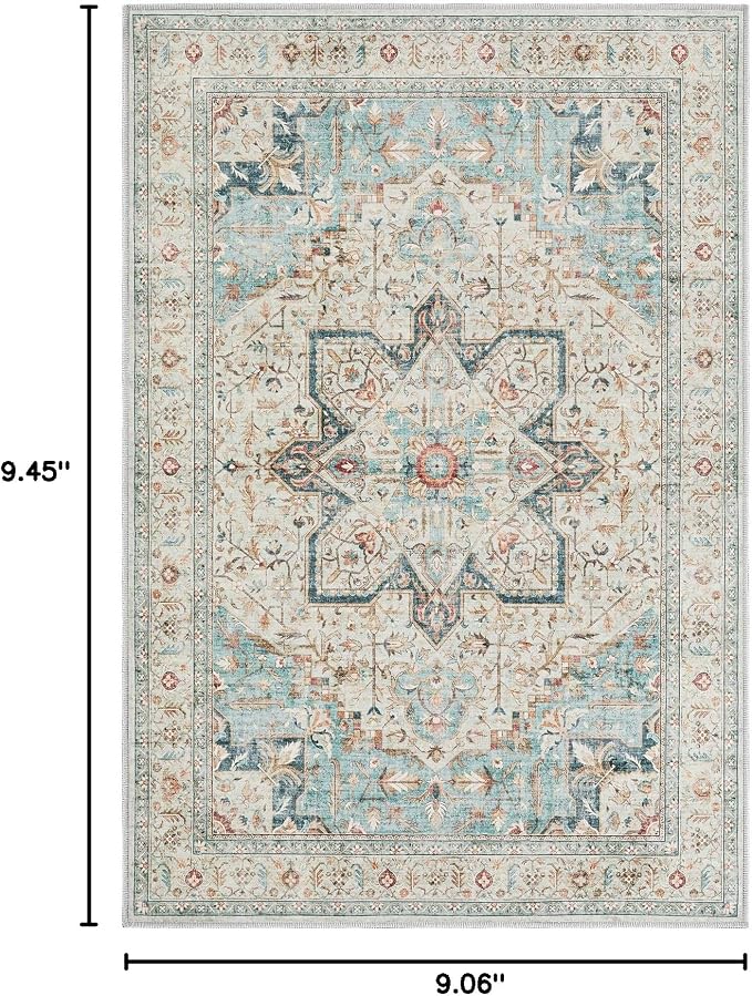 Tortania Area Rug 2x3 Doormat - Washable Vintage Oriental Farmhouse Soft Thin Indoor Carpet for Living Room Bedroom Hallway Entryway Kitchen - Aqua Multi