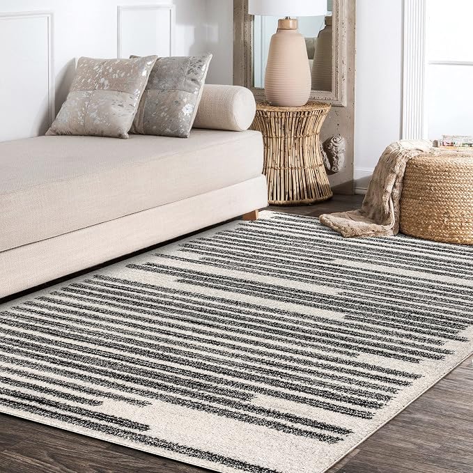 JONATHAN Y Khalil Modern Berber Stripe Cream/Black Indoor Area Rug, 8x10, Contemporary, Bohemian, Easy-Cleaning for Living Room, Bedroom, Kitchen, Pet Friendly, Non-Shedding (MOH207A-8)