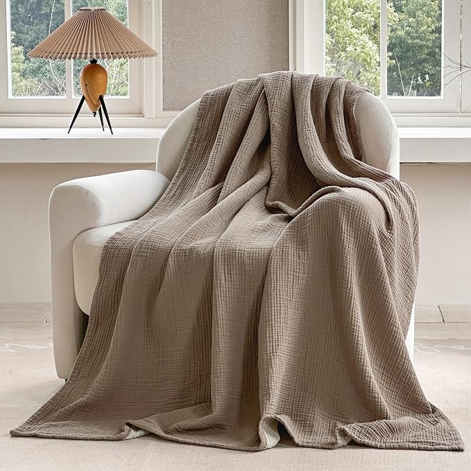 FALUCA Cotton Muslin Cooling Reversible Blanket 50x60 Inches for Bed, Couch, Four Layers Blanket, Soft Lightweight Cozy Breathable Farmhouse Decoration for Summer, Brown