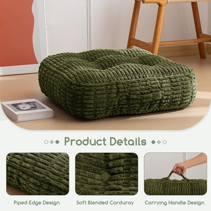 HIGOGOGO 6" Floor Pillow Cushion for Adults, Meditation Cushion Pillow, Blended Corduroy Cover, Large Square Floor Sitting for Tatami Living Room or Yoga, 22x22 Inch, Dark Green