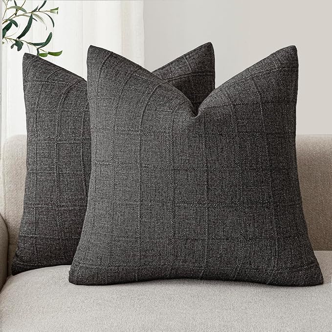 Foindtower Set of 2 Decorative Linen Check Throw Pillow Covers Neutral Farmhouse Vintage Cushion Covers Modern Boho Home Decor for Sofa Chair Couch Bedroom Living Room,18×18 Inch,Charcoal