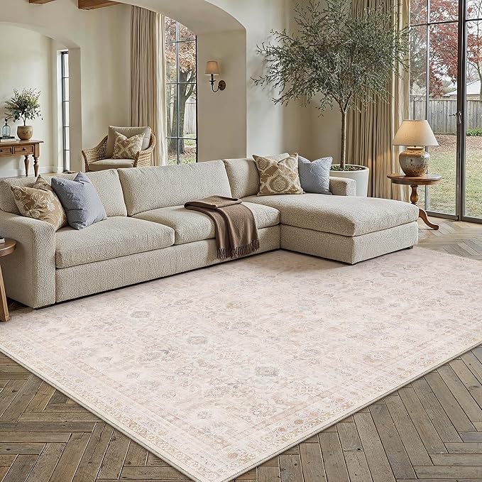 5x7 Washable Neutral Area Rug for Living Room Beige Floral Non Slip Low Pile Throw Rug Modern Traditional Stain Resistant Carpet Bedroom Kitchen Playroom Office Dining Room