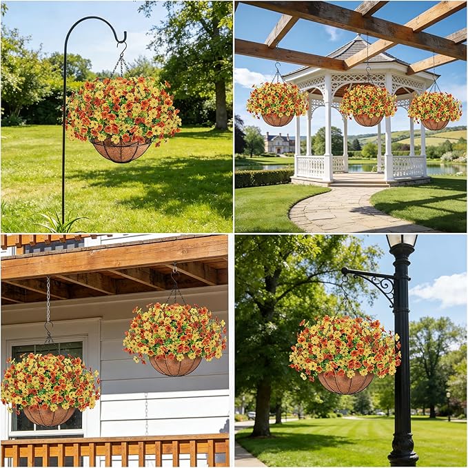 Artificial Fake Hanging Flowers Plants Basket Outdoors, Faux Silk UV Resistant Look Real Daisy Eucalyptus for Spring Summer Garden Porch Home Patio Balcony Yard Decorations, Orange Yellow