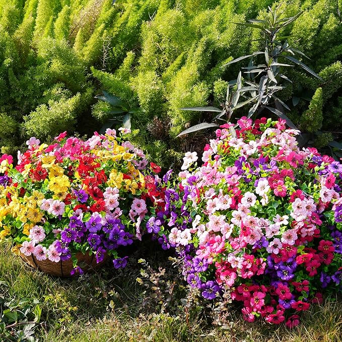 trytuny Artificial Flowers for Outdoor, UV Resistant Fake Silk Flowers, Realistic Faux Plants for Outside Indoor Porch Patio Window Box Planter Home Decor (14, Yellow Purple Rosy Pink)