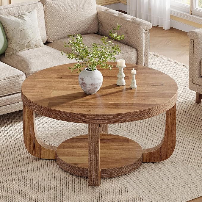 Tribesigns Round Coffee Table, 2-Tier Circle Coffee Table with Storage, Modern Wooden Accent Center Table for Living Room, Thick Tabletop & Base (Rustic Brown)