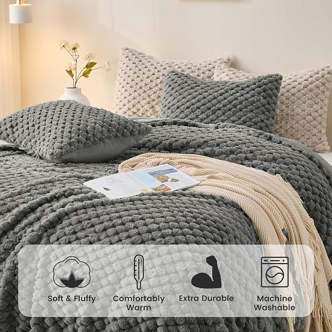 Simple&Opulence Fluffy Faux Fur Comforter Set, Plush Fuzzy Minky Bedding Set, 3 Pieces Warm Soft Comforter Bedding Set for Winter - 1 Shaggy Comforter with 2 Pillow Shams(Queen, Grid - Dark Grey)