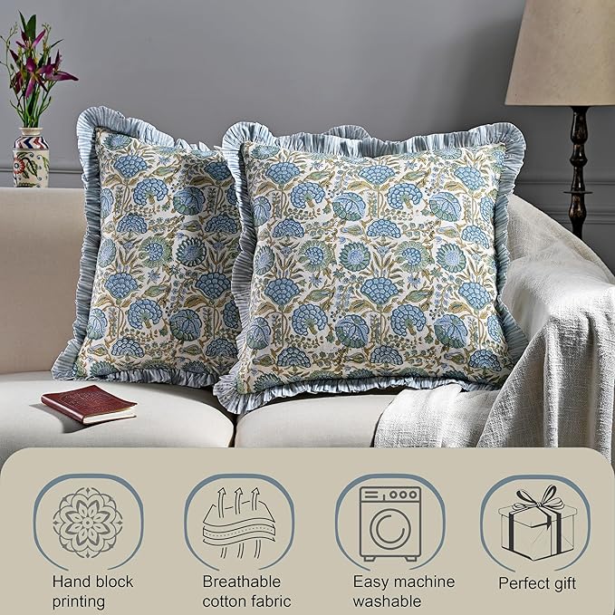 Ridhi Block Print Asparagus Green Throw Pillow Cover 20" x 20" (Pack of 2) Decorative Cushion Covers with Ruffle for Couch, Sofa, Bed, Living Room, Home Decor Gift for Spring, Easter, Valentine