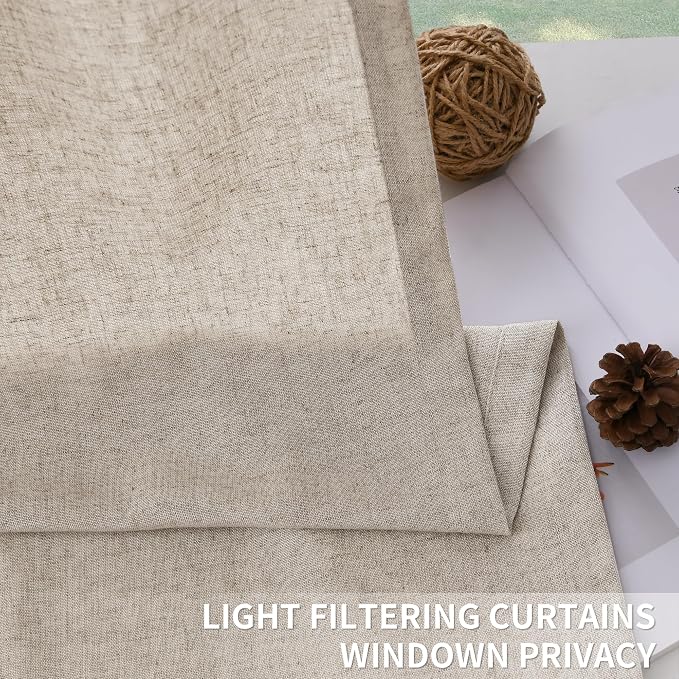 Oatmeal Beige Pinch Pleated Linen Curtains 90 Inches Long Country Boho Farmhouse Semi Sheer Textured Linen Blended Light Filtering Curtain for Living Room Bedroom Pleated Drapes with Hooks Rings 40x90