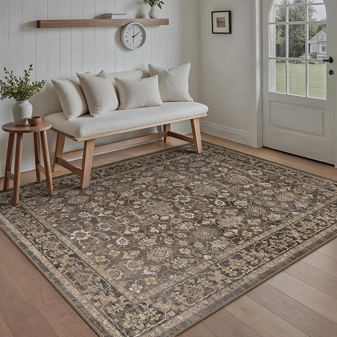 6x9 Brown Washable Vintage Area Rug for Living Room Soft Floral Non Slip Large Rug Modern Low Pile Stain Resistance Indoor Carpet Bedroom Office Playroom Office Classroom